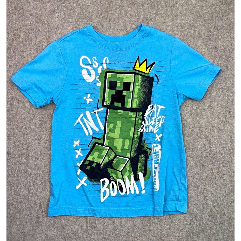 Minecraft Boys Blue Creeper Graphic Print Tagless Crew Neck T-Shirt 6/7